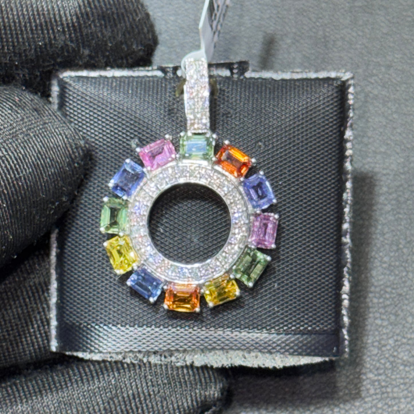 14K Yellow Gold .35” Butterfly Pendant with Fancy Cut Blue, Green, Yellow, Pink & Orange Gemstones and Natural Diamond Center