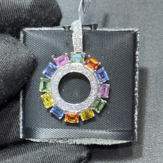 14K Yellow Gold .35” Butterfly Pendant with Fancy Cut Blue, Green, Yellow, Pink & Orange Gemstones and Natural Diamond Center