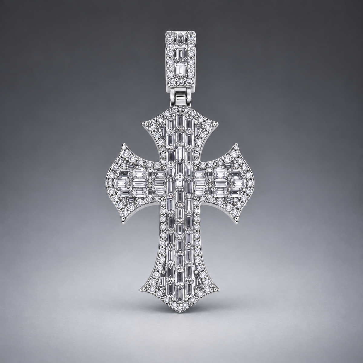 14K Gold Baguette& Round Diamond Cross Pendant