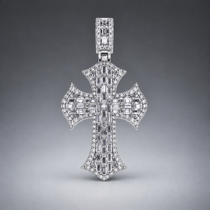 14K Gold Baguette& Round Diamond Cross Pendant