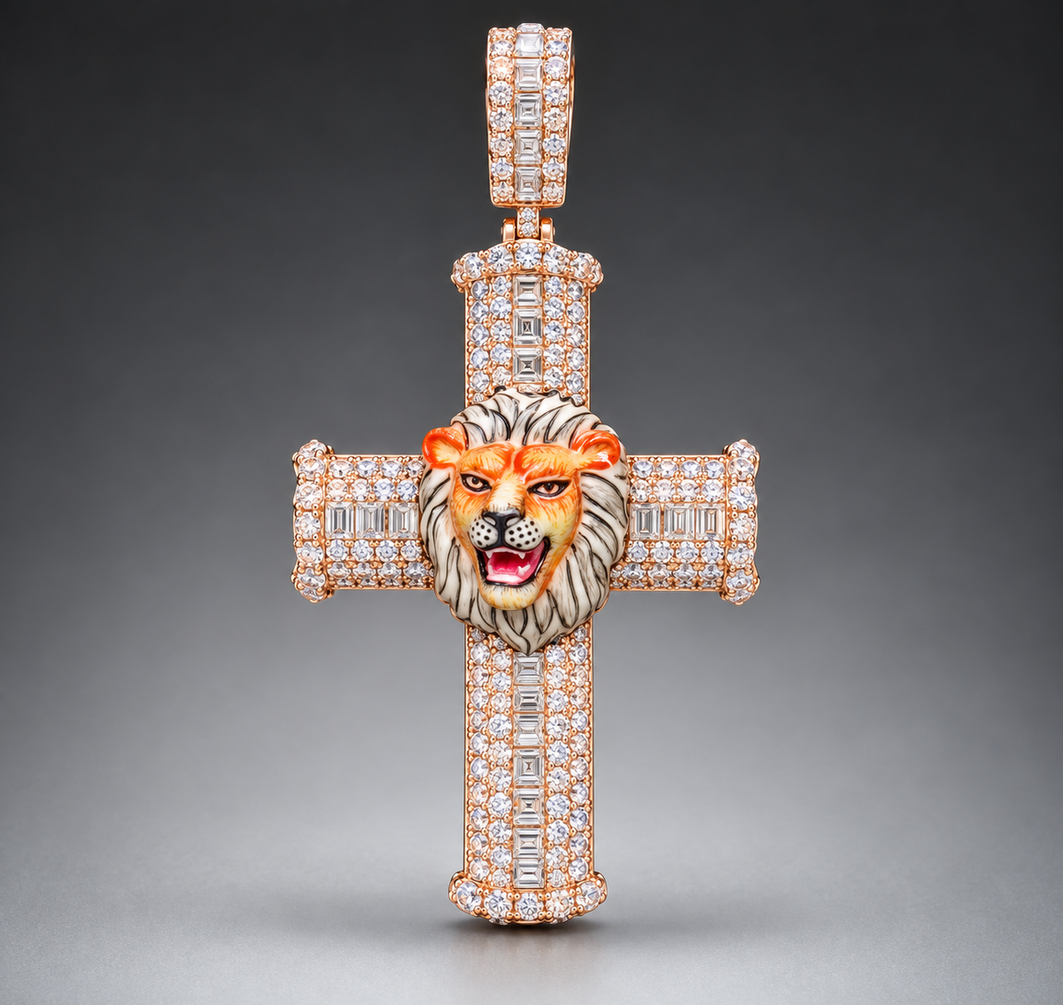 14K Gold Natural Diamond Cross Pendant with Enamel Lion Head