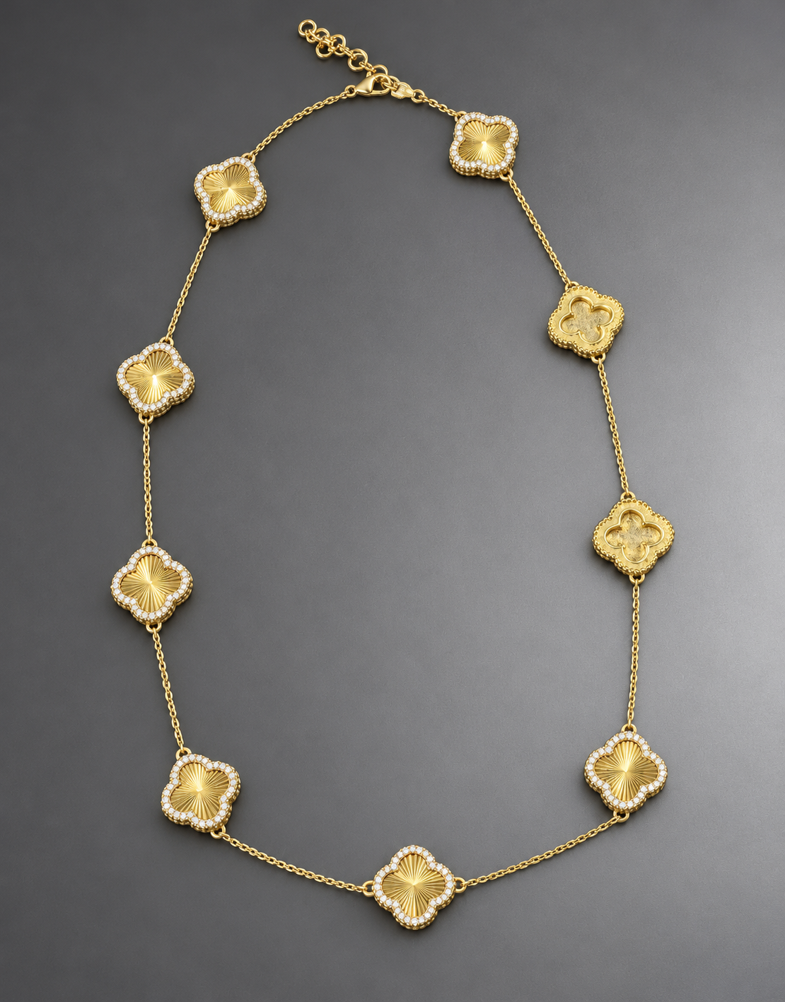 14K Yellow Gold Diamond Clover Station Necklace | Luxury Designer Style