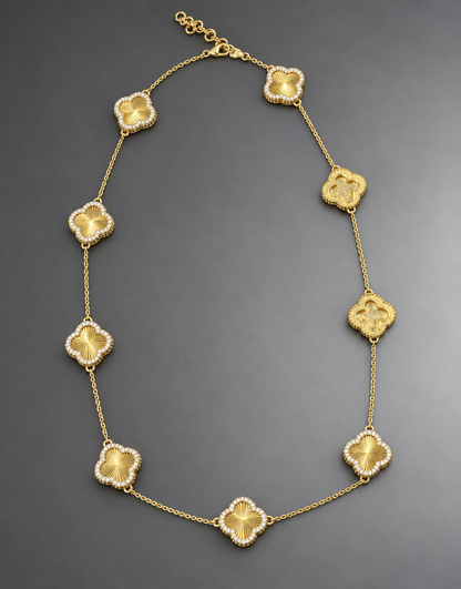 14K Yellow Gold Diamond Clover Station Necklace | Luxury Designer Style