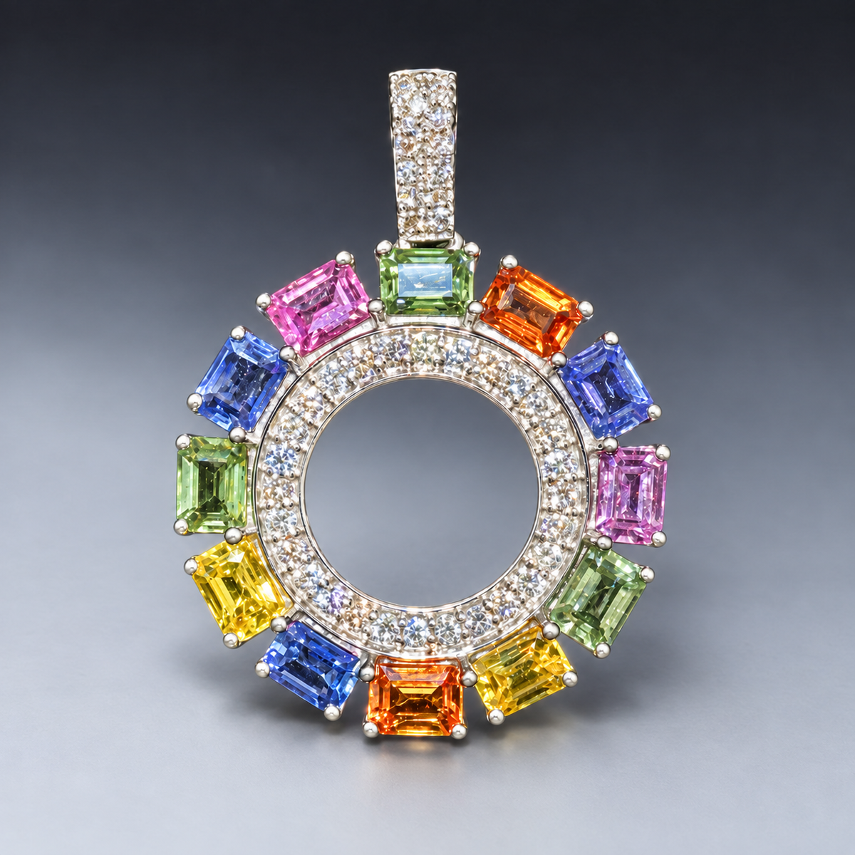 14K Yellow Gold Butterfly Pendant with Fancy Cut Blue, Green, Yellow, Pink & Orange Sapphire Gemstones and Natural Diamond Center