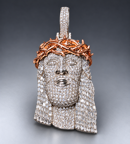 14K Gold Round & Baguette Natural Diamond Jesus Pendant w Polish Thorn Crown