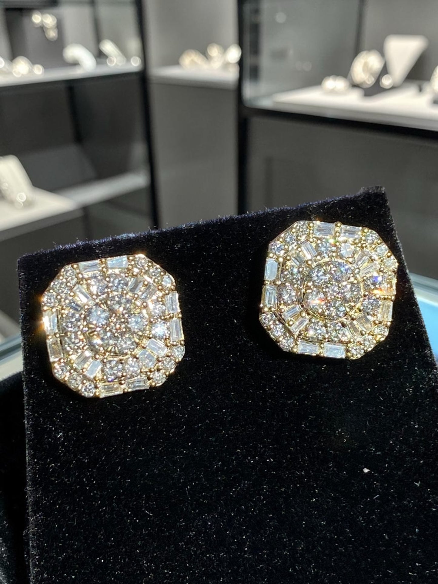 10K Gold Baguette & Round Diamond Octagon Earrings 1.04 Carats – Iced Out Hip Hop Studs