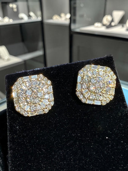 10K Gold Baguette & Round Diamond Octagon Earrings 1.04 Carats – Iced Out Hip Hop Studs