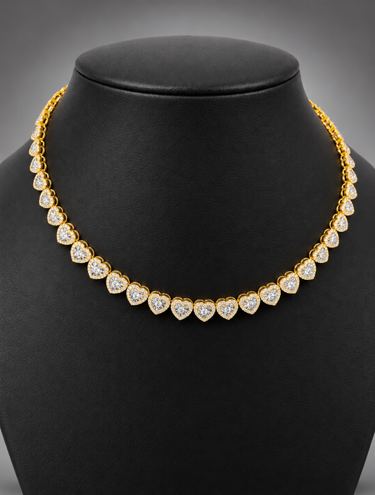 10K Yellow Gold Heart Diamond Tennis Necklace – 7.00 Carats Natural Diamonds | 17”