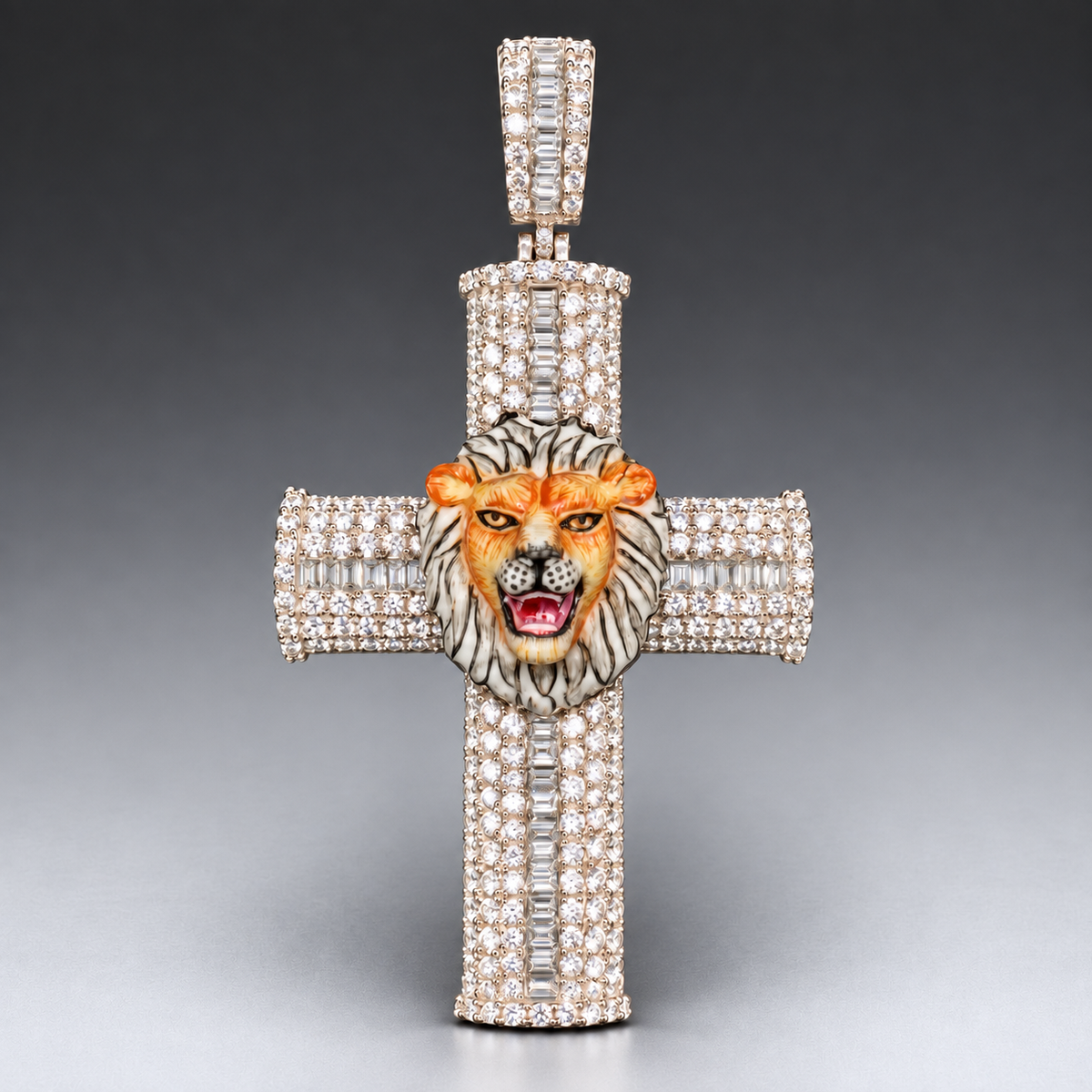 14K Gold Natural Diamond Cross Pendant with Enamel Lion Head