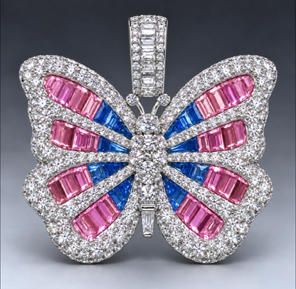 14K Butterfly Pendant with Blue & Pink Sapphire Center and Natural Diamond Border