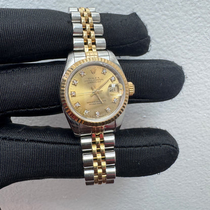 Women’s Rolex 26MM Datejust Two-Tone (Stainless Steel & 18K Yellow Gold) with a factory diamond hour-marker dial