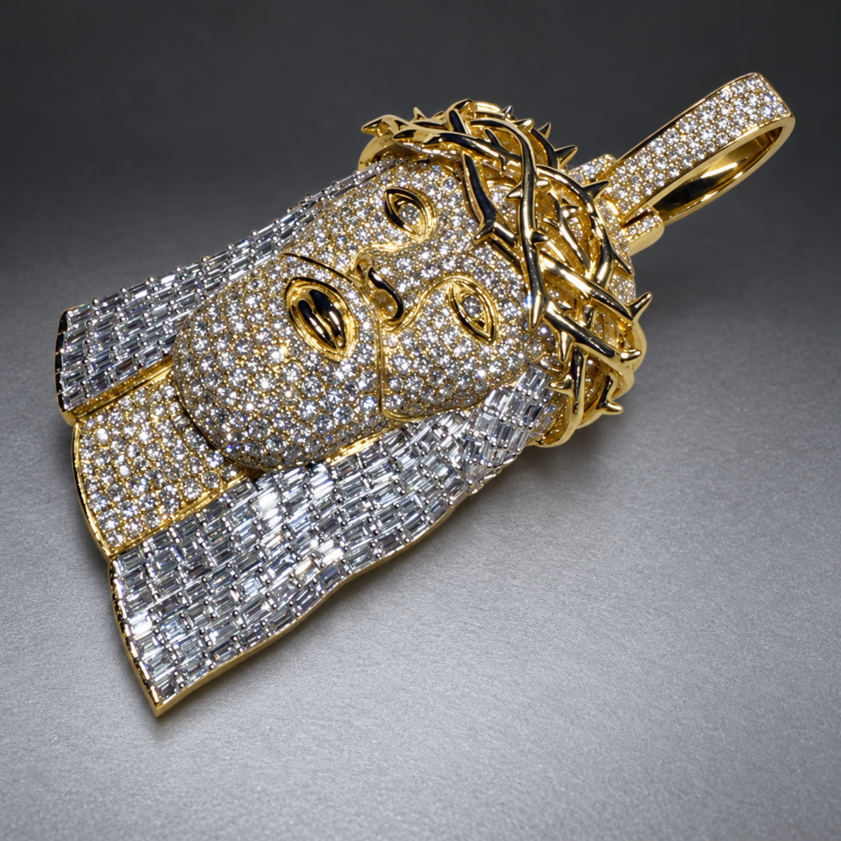 14K Gold Round & Baguette Natural Diamond Jesus Pendant w Polish Thorn Crown