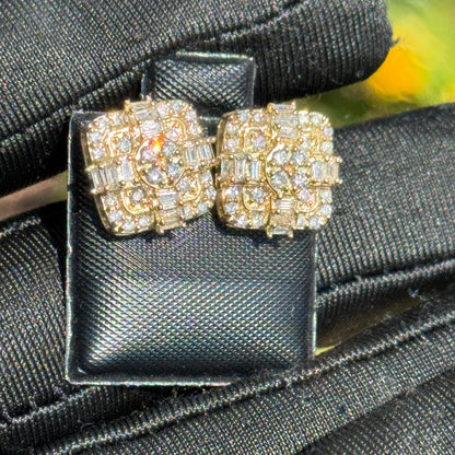 Yellow Gold Baguette & Round Diamond Grid Cluster Earrings 0.81ct– Iced Out Hip Hop Studs