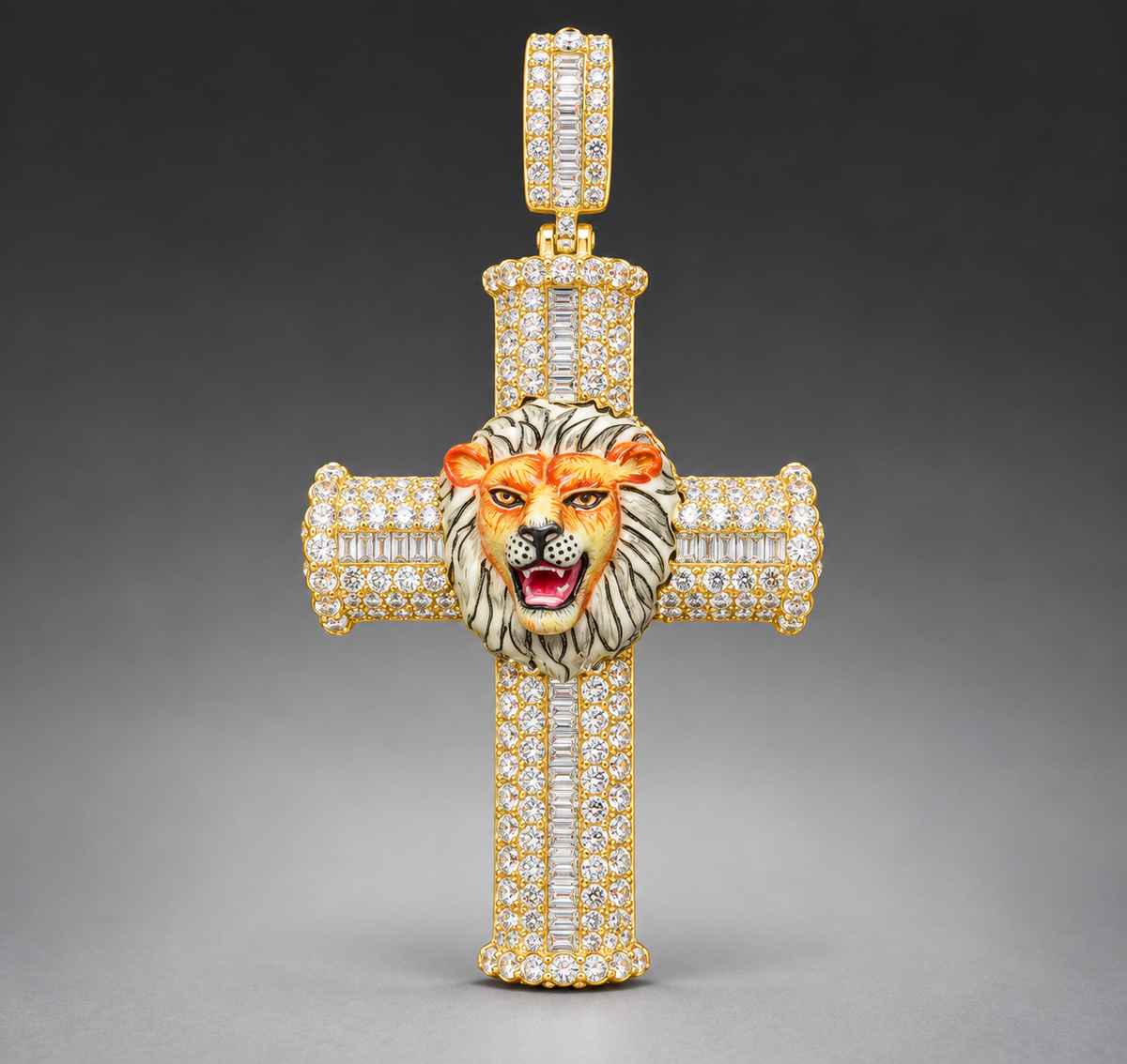 14K Gold Natural Diamond Cross Pendant with Enamel Lion Head