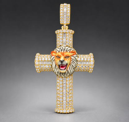14K Gold Natural Diamond Cross Pendant with Enamel Lion Head