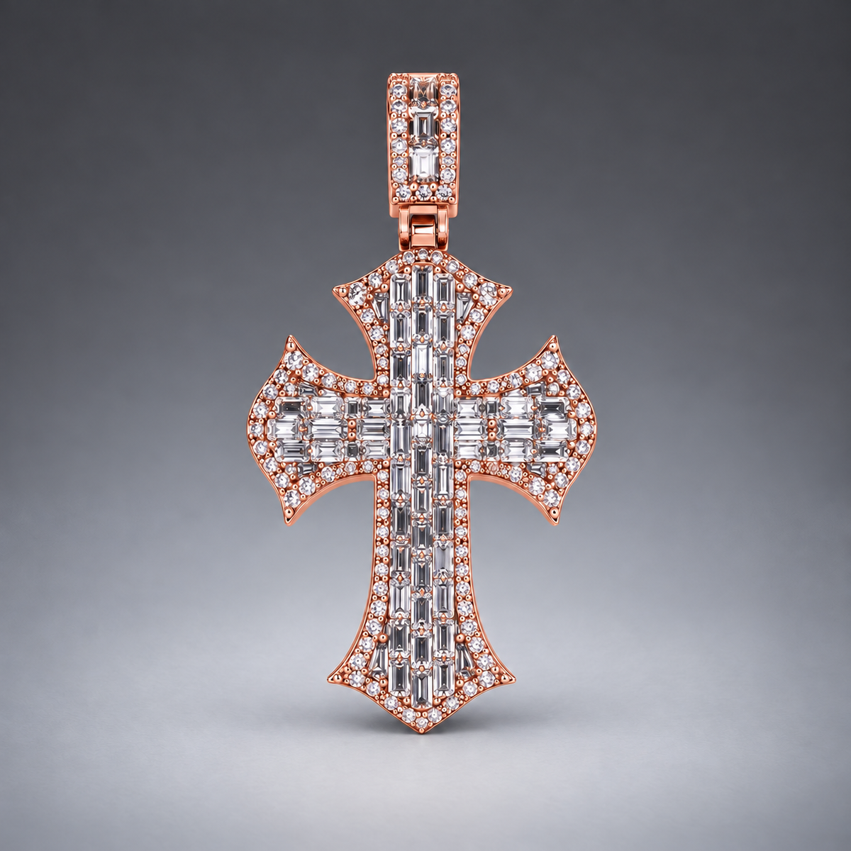 14K Gold Baguette& Round Diamond Cross Pendant