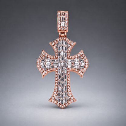 14K Gold Baguette& Round Diamond Cross Pendant