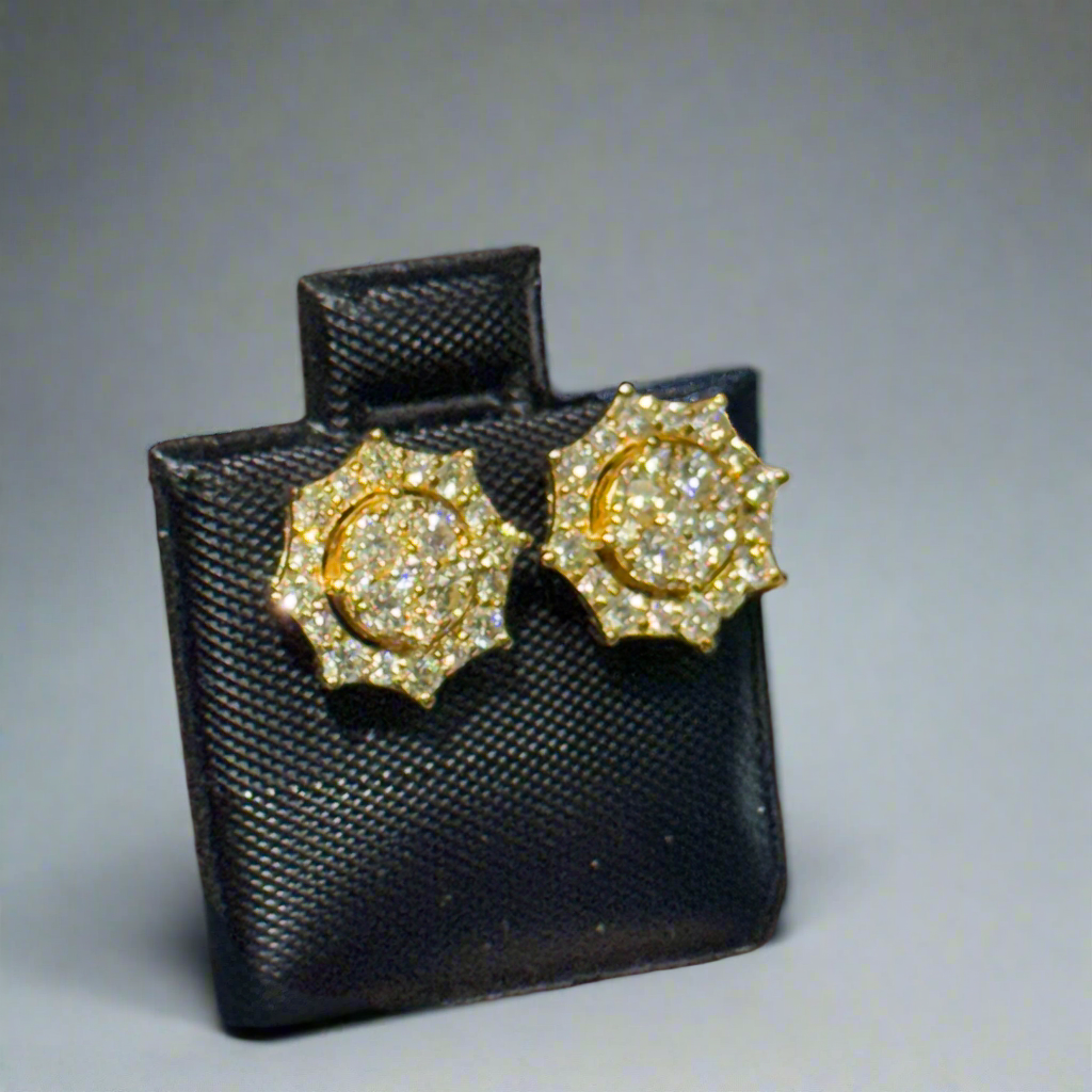 0.90ct Yellow Gold Starburst Diamond Earrings – Custom Hip Hop Cluster Studs