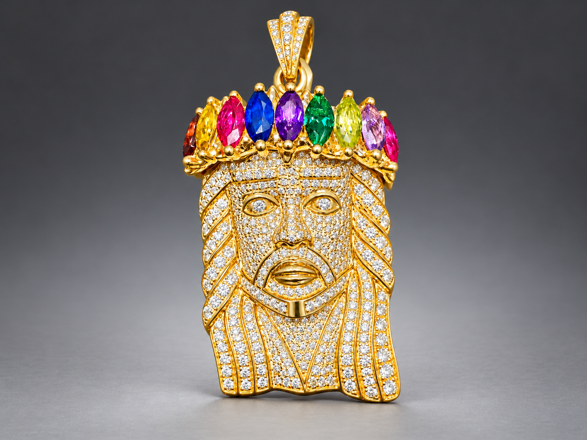 Solid Gold Diamond Jesus Pendant | Heavyweight 10K Yellow Gold Gemstone Crown
