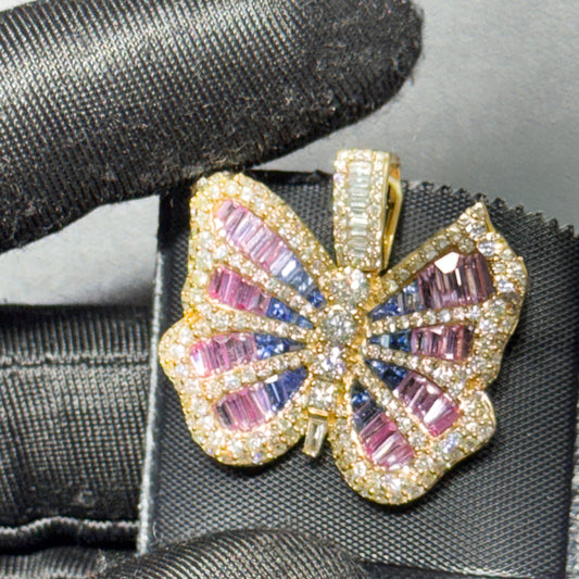 14K Yello1.35” Butterfly Pendant with 4.40 CT Blue & Pink Sapphire Center and Natural Diamond Border
