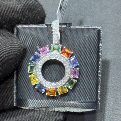 14K Yellow Gold .35” Butterfly Pendant with Fancy Cut Blue, Green, Yellow, Pink & Orange Gemstones and Natural Diamond Center