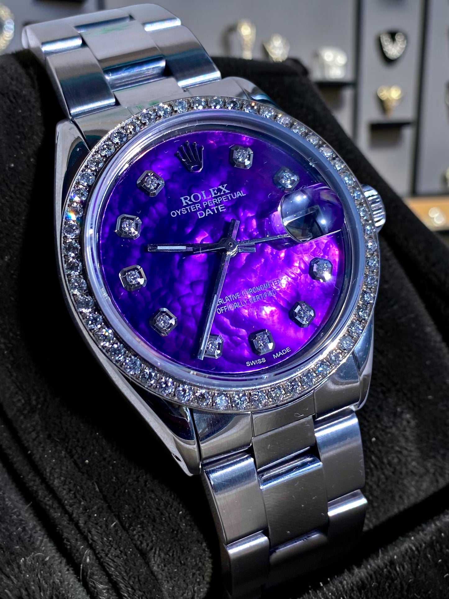 Rolex Datejust 34mm Diamond Bezel Purple Mother of Pearl Dial