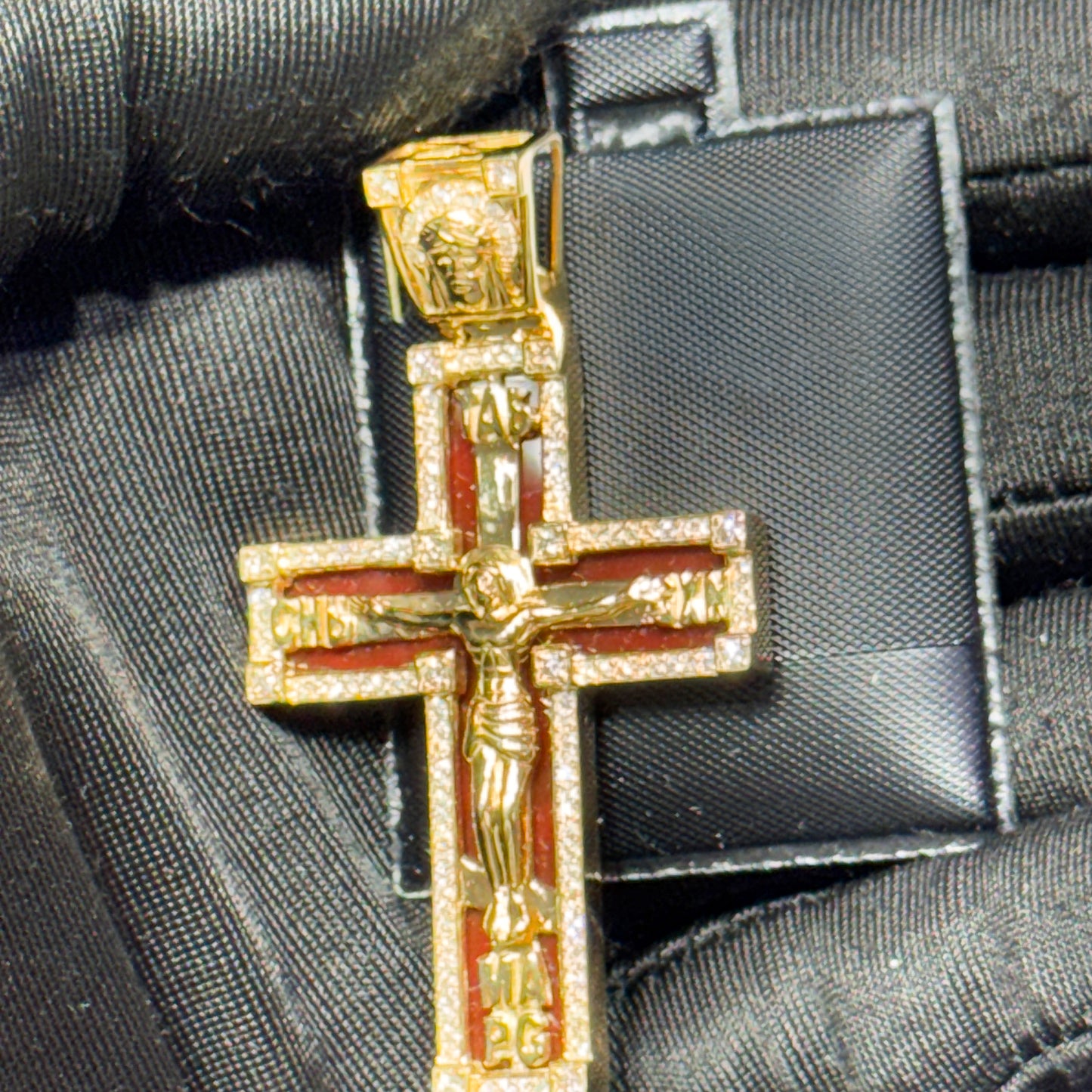 14K Yellow Gold 1.45” Enamel Jesus Cross Pendant with Diamond Border & Diamond Jesus Bail