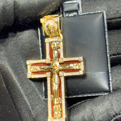 14K Yellow Gold 1.45” Enamel Jesus Cross Pendant with Diamond Border & Diamond Jesus Bail