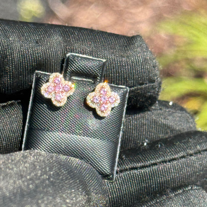 14K Yellow Gold Pink & White Diamond Flower Cluster Earrings 0.45ct – Luxury Iced Out Studs