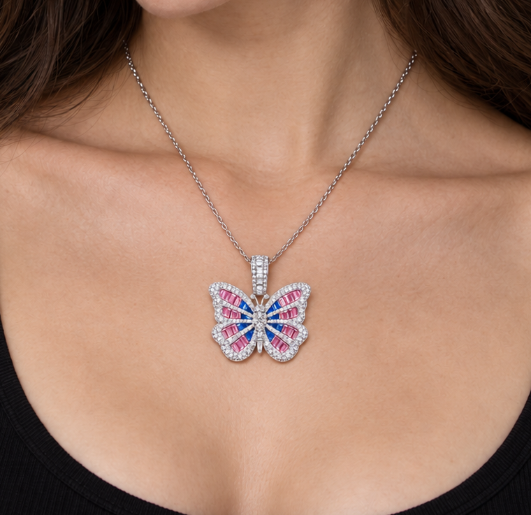 14K Butterfly Pendant with Blue & Pink Sapphire Center and Natural Diamond Border