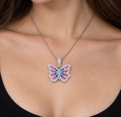 14K Butterfly Pendant with Blue & Pink Sapphire Center and Natural Diamond Border