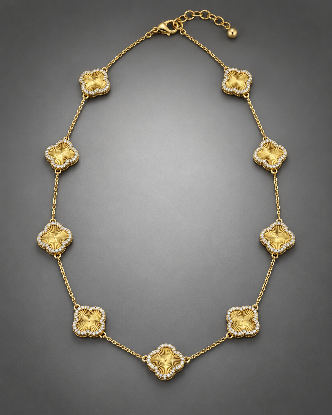14K Yellow Gold Diamond Clover Station Necklace | Luxury Designer Style
