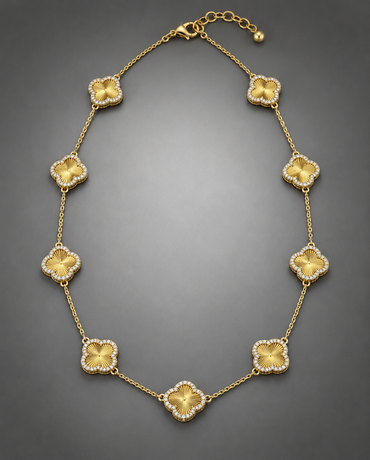 14K Yellow Gold Diamond Clover Station Necklace | Luxury Designer Style