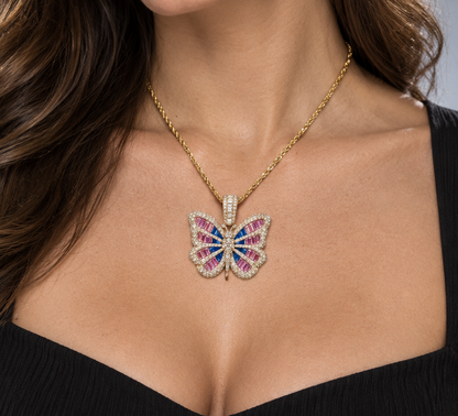 14K Butterfly Pendant with Blue & Pink Sapphire Center and Natural Diamond Border