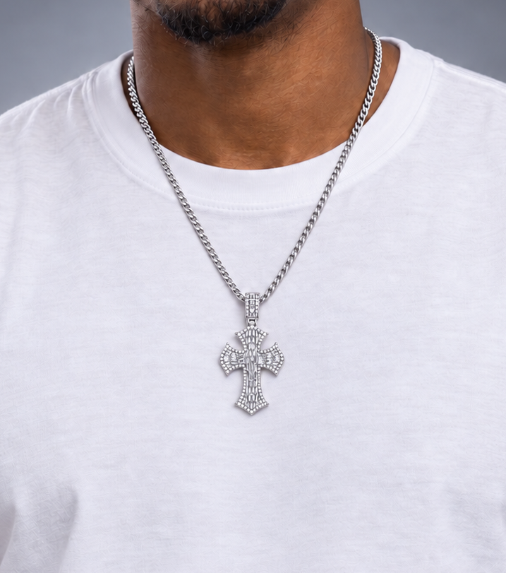 14K Gold Baguette& Round Diamond Cross Pendant