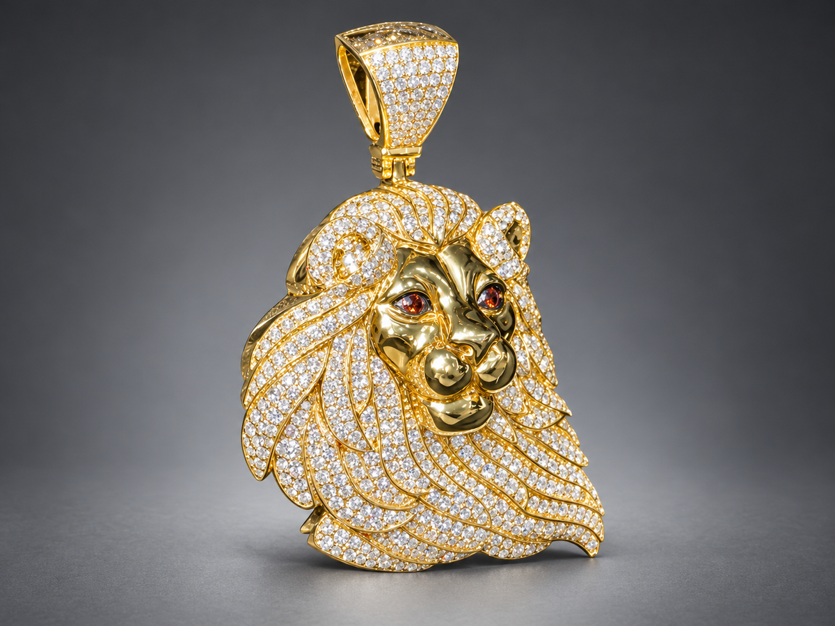 10K Gold Lion Face Pendant with 3.15 CT Natural Diamonds & Red Diamond Eyes