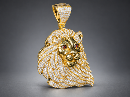10K Gold Lion Face Pendant with 3.15 CT Natural Diamonds & Red Diamond Eyes