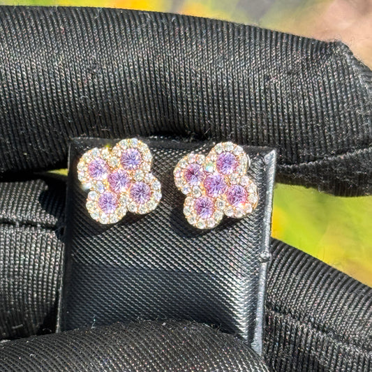Yellow Gold Diamond & Pink Gemstone Flower Earrings 1.20ct – Luxury Hip Hop Cluster Studs