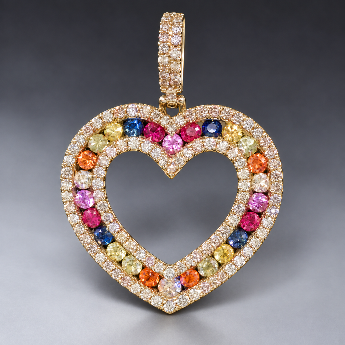14K Gold Diamond & Multi-Color Gemstone Heart Pendant