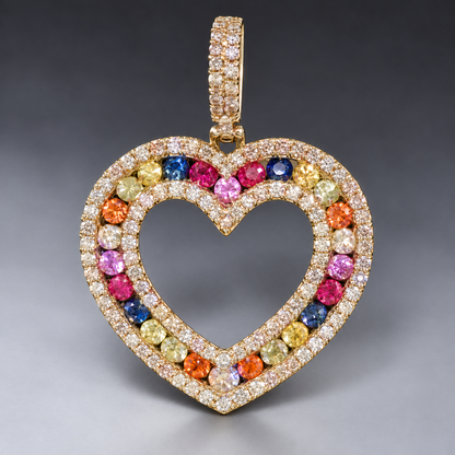 14K Gold Diamond & Multi-Color Gemstone Heart Pendant