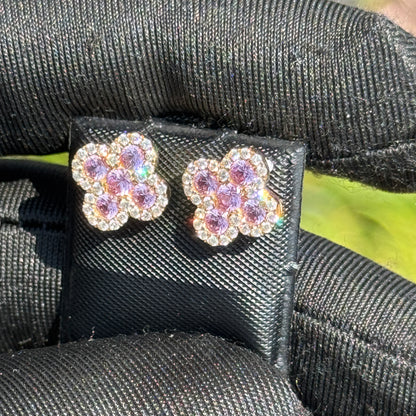 Yellow Gold Diamond & Pink Gemstone Flower Earrings 1.20ct – Luxury Hip Hop Cluster Studs
