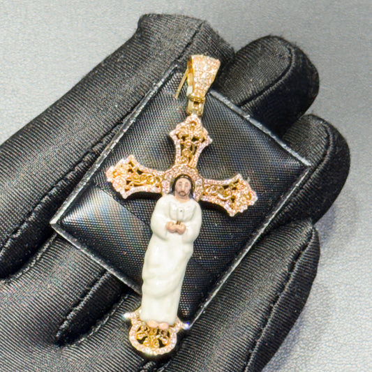 14K Gold 1.45” Enamel Jesus Cross Pendant with Natural Diamond Accents – Available in Yellow, White & Rose Gold