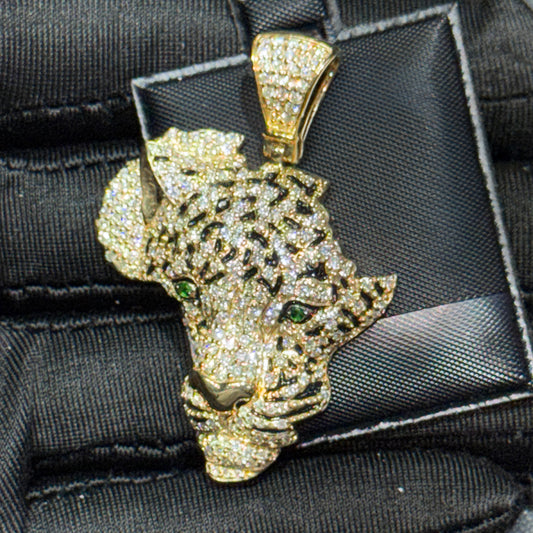 10K Gold 1.25” Africa Cheetah Face Pendant with 2.30 CT Natural Diamonds, Black Enamel & Green Diamond Eyes
