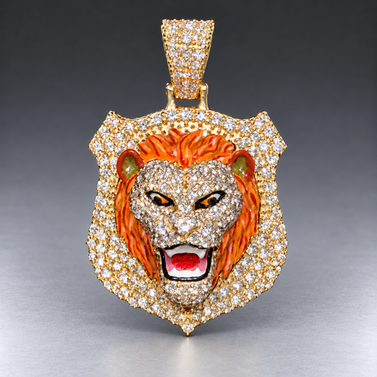 10K Gold 3D Lion Face Pendant with 4.05 CT Natural Diamonds & Enamel Detail
