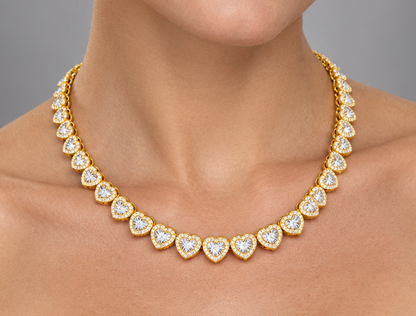 10K Yellow Gold Heart Diamond Tennis Necklace – 7.00 Carats Natural Diamonds | 17”