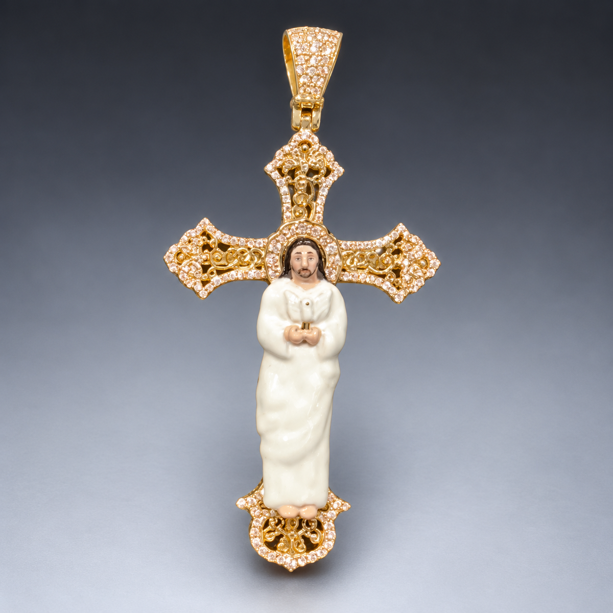 14K Gold Enamel Jesus Cross Pendant Natural Diamond