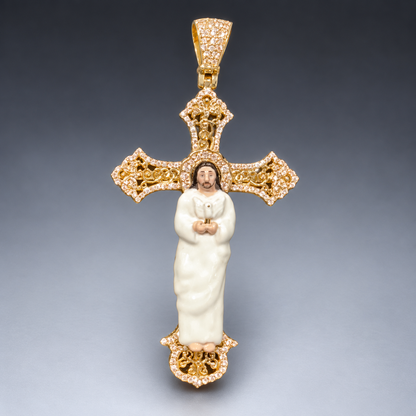 14K Gold Enamel Jesus Cross Pendant Natural Diamond