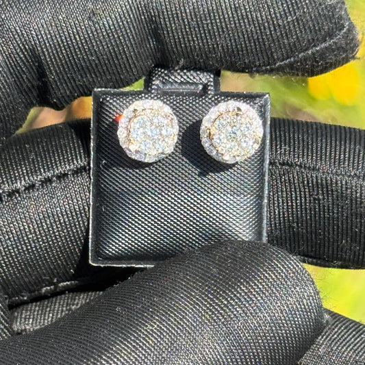 Round Cluster Diamond Halo Earrings – 10K Yellow Gold Iced Out Studs