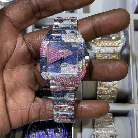 💎 Cartier Santos Camouflage Iced Out Watch – Full Custom Design