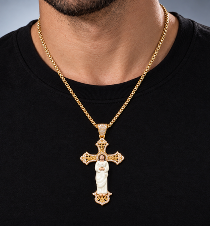 14K Gold Enamel Jesus Cross Pendant Natural Diamond